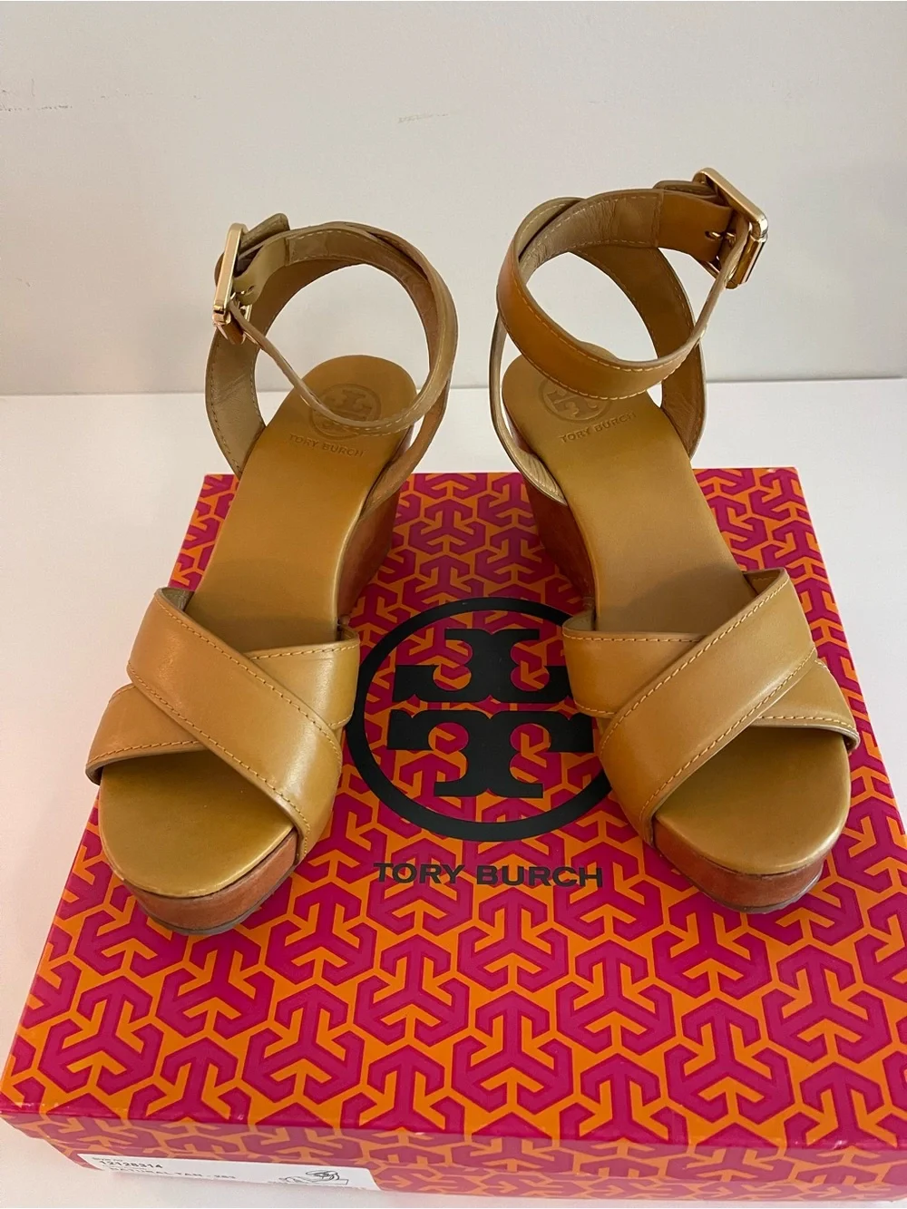 Tory Burch Tan Leather Platform Ankle-Strap Wedges
